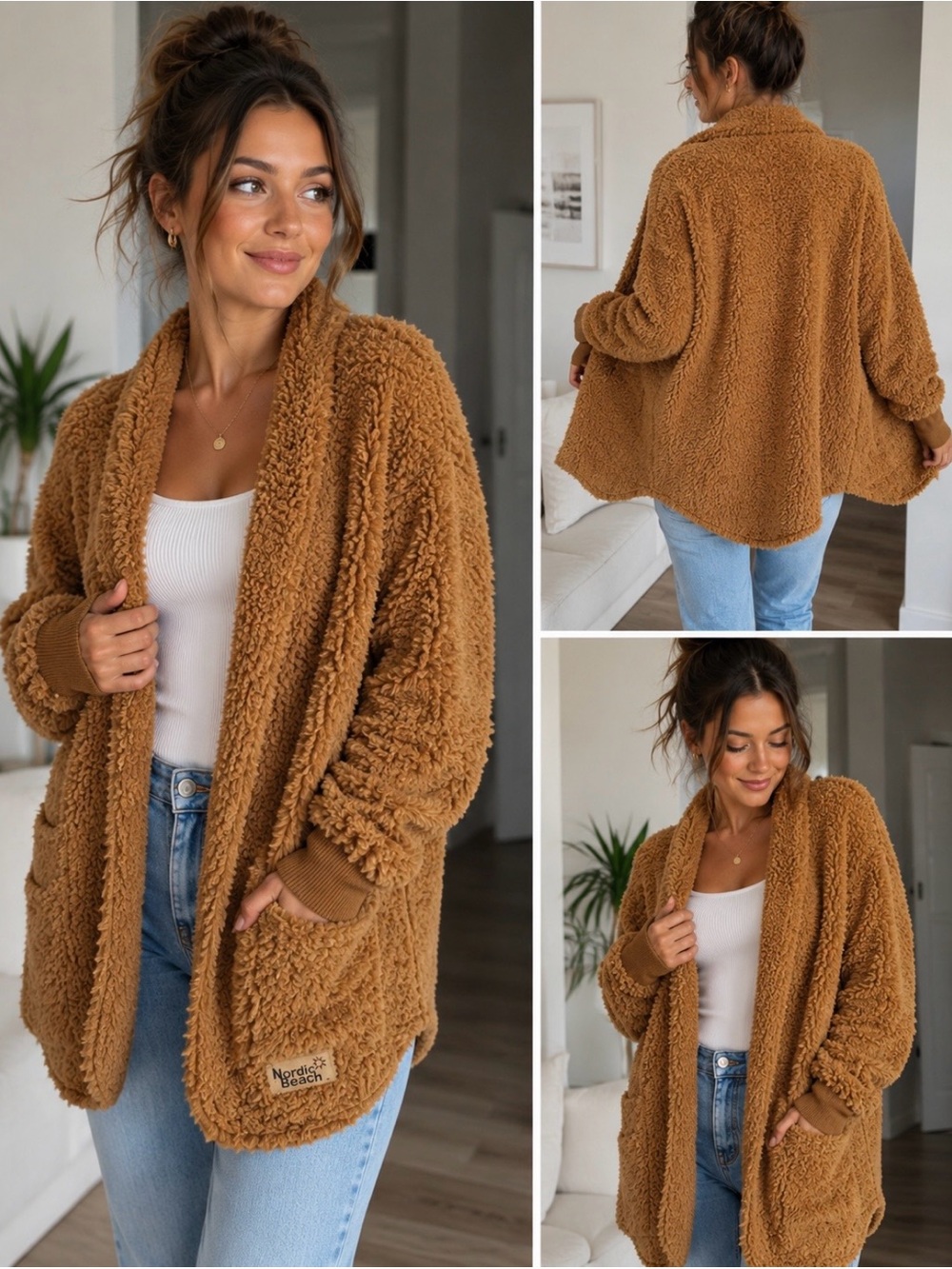 Nordic Beach Camel Teddy Fleece Open Front Cardigan One Size Cozy Plush